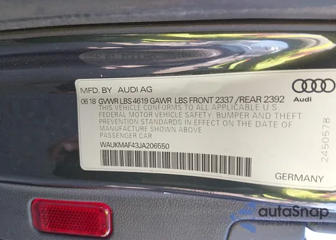 2018 Audi A4 2.0T Tech Ultra Premium/2.0T Ultra Premium z USA, uszkodzony, nr VIN WAUKMAF43JA206550